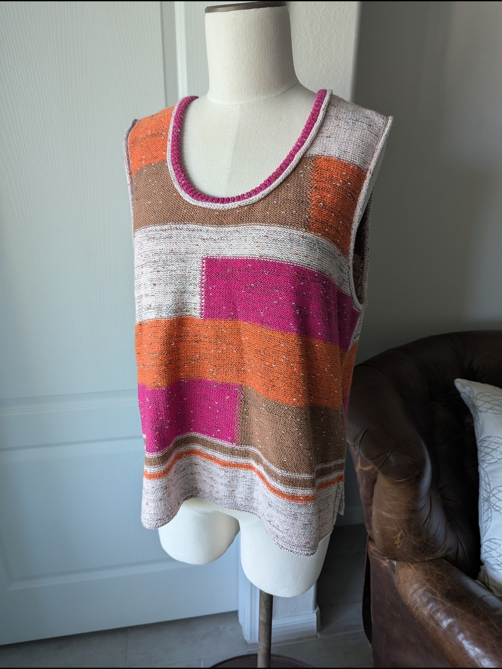 Versona Pink Orange Brown Striped Knit Tank Sweater